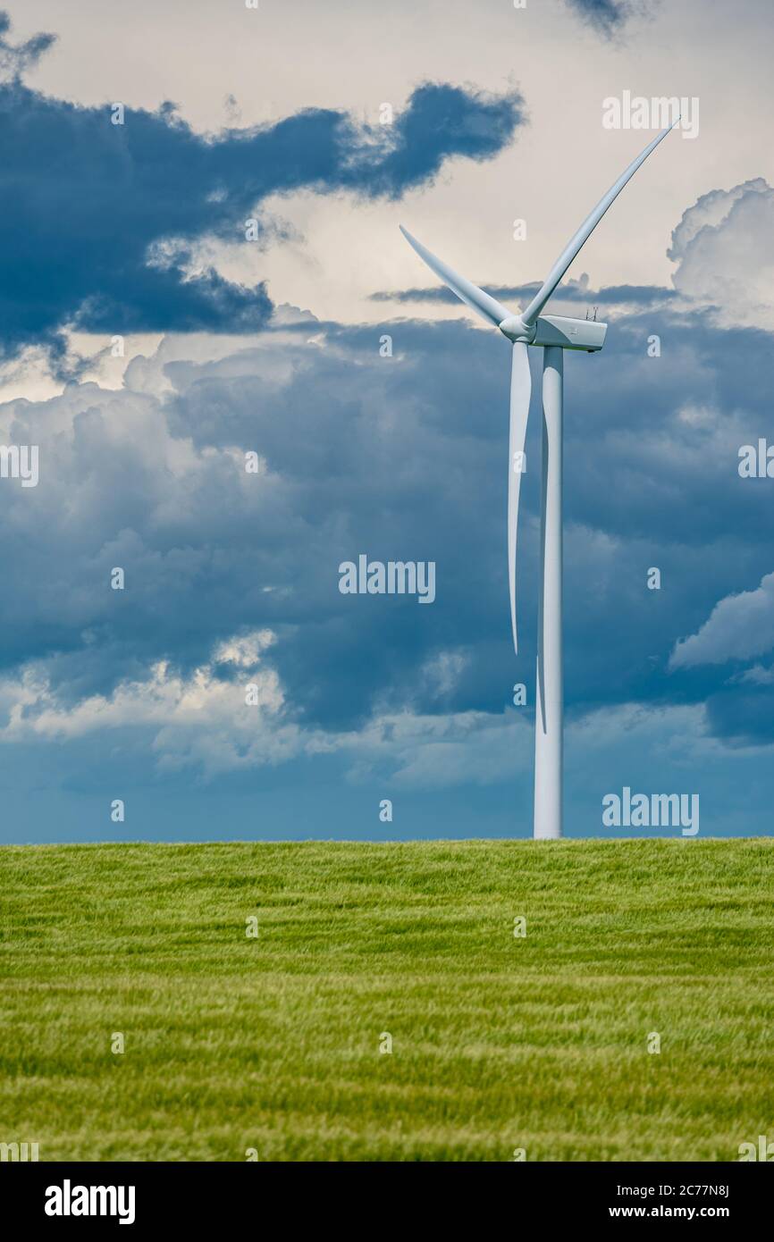 Nuvole tempesta su turbine eoliche in un campo di grano fuori Swift Current, Saskatchewan, Canada Foto Stock