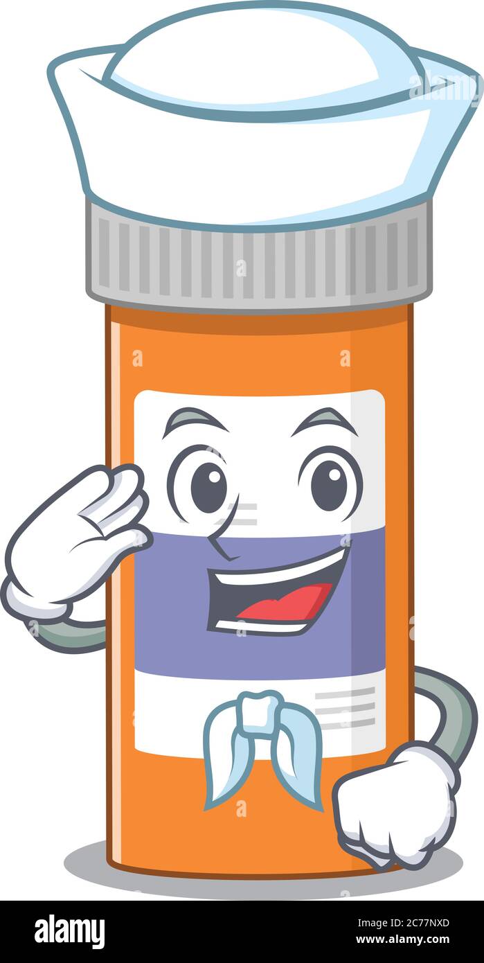 Un coraggioso marinaio caricature stile di pillole flacone di droga pronto a vela Illustrazione Vettoriale