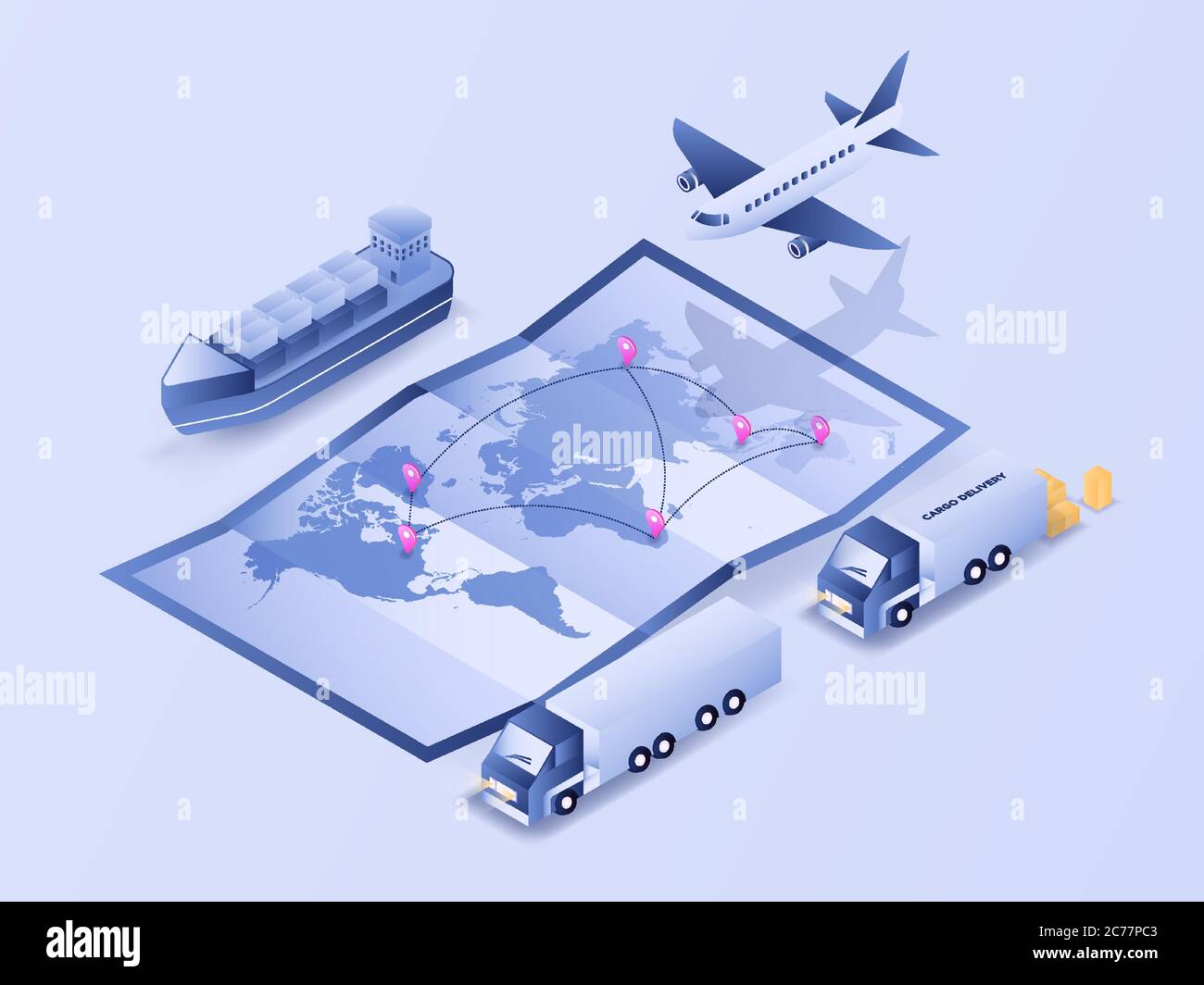 Processo di tracciamento logistico delle mappe mondiali tramite aereo, camion e spedizione. Immagine vettoriale con illustrazione isometrica 3D Illustrazione Vettoriale