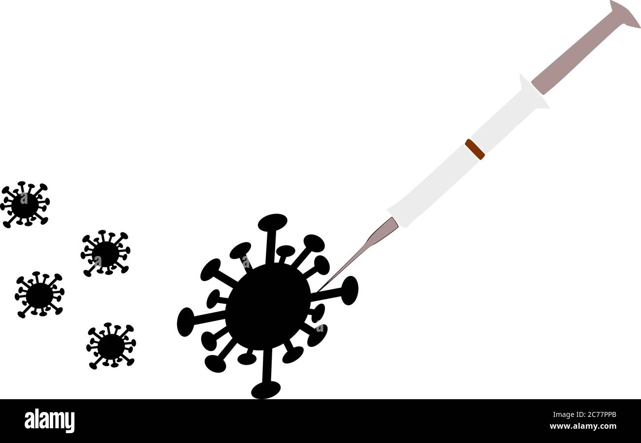 Iniezione di medicina che mette in batteri infettati dal virus corona su una superficie bianca illustrazione vettoriale. Illustrazione Vettoriale