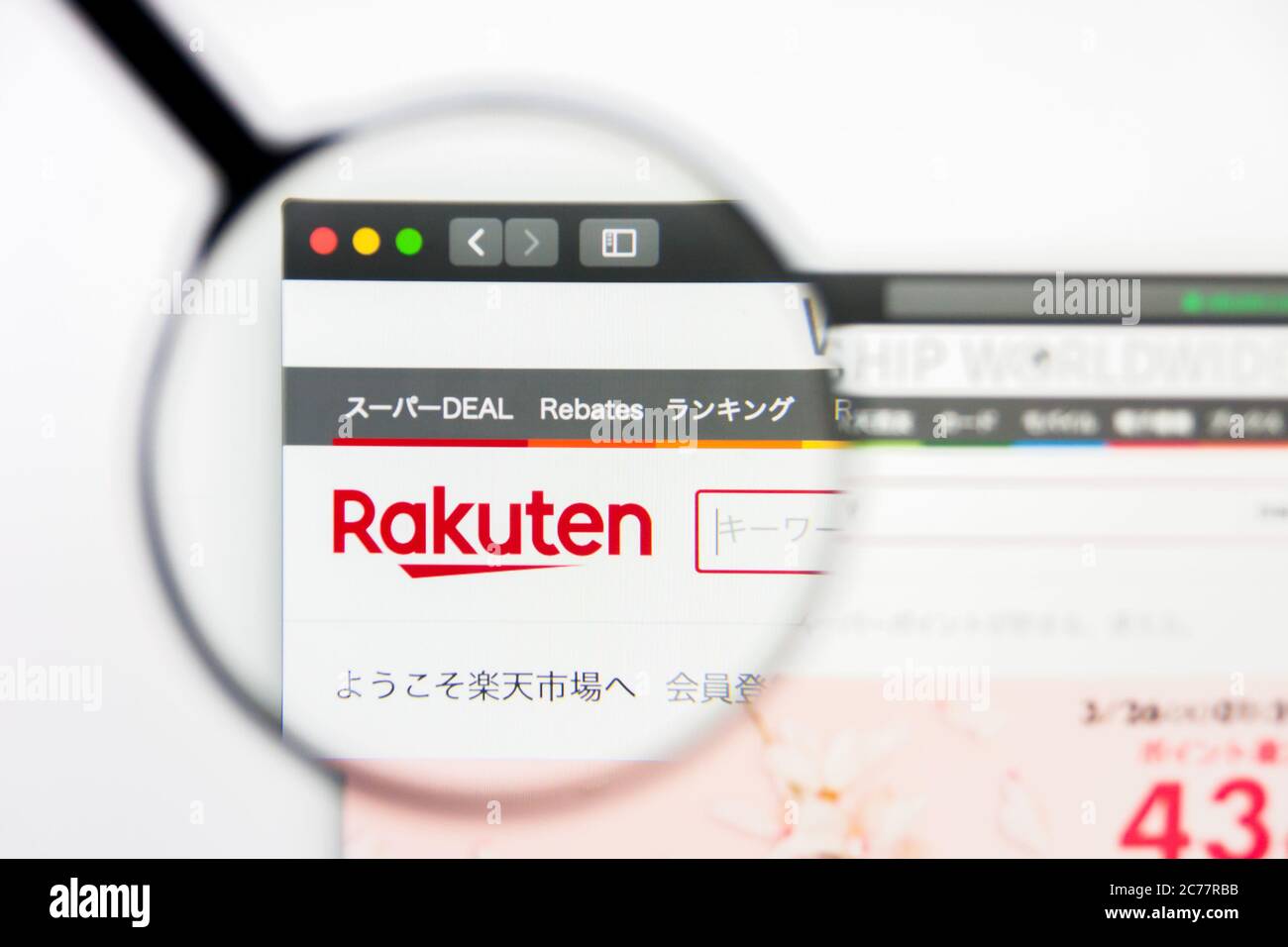 Los Angeles, California, USA - 23 Marzo 2019: Editoriale illustrativo della homepage del sito web di Rakuten. Logo Rakuten visibile sullo schermo del display. Foto Stock