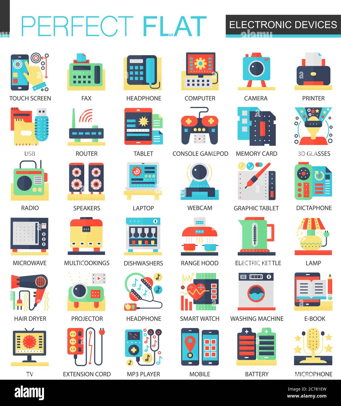 Dispositivi elettronici e gadget vettoriali simboli complessi di concetto di icone piatte per il web infografica design Illustrazione Vettoriale