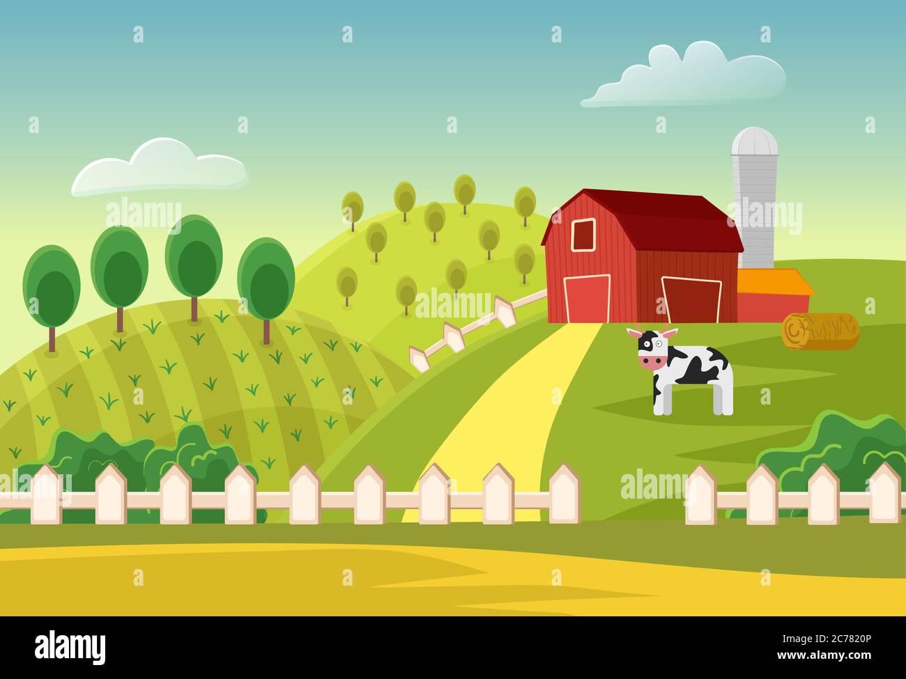 Vignetta vettore terreno agricolo con edifici contadini e mucca. Fattoria paesaggio piano Illustrazione Vettoriale