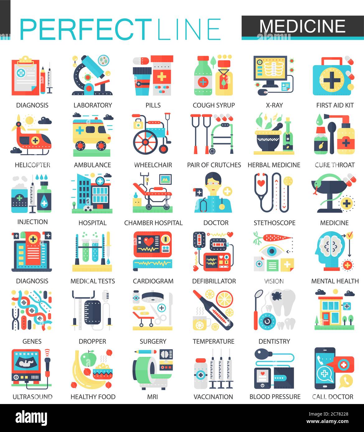 Simboli complessi di concetto di icona piatta per applicazioni mediche e sanitarie per la progettazione di infografiche web Illustrazione Vettoriale