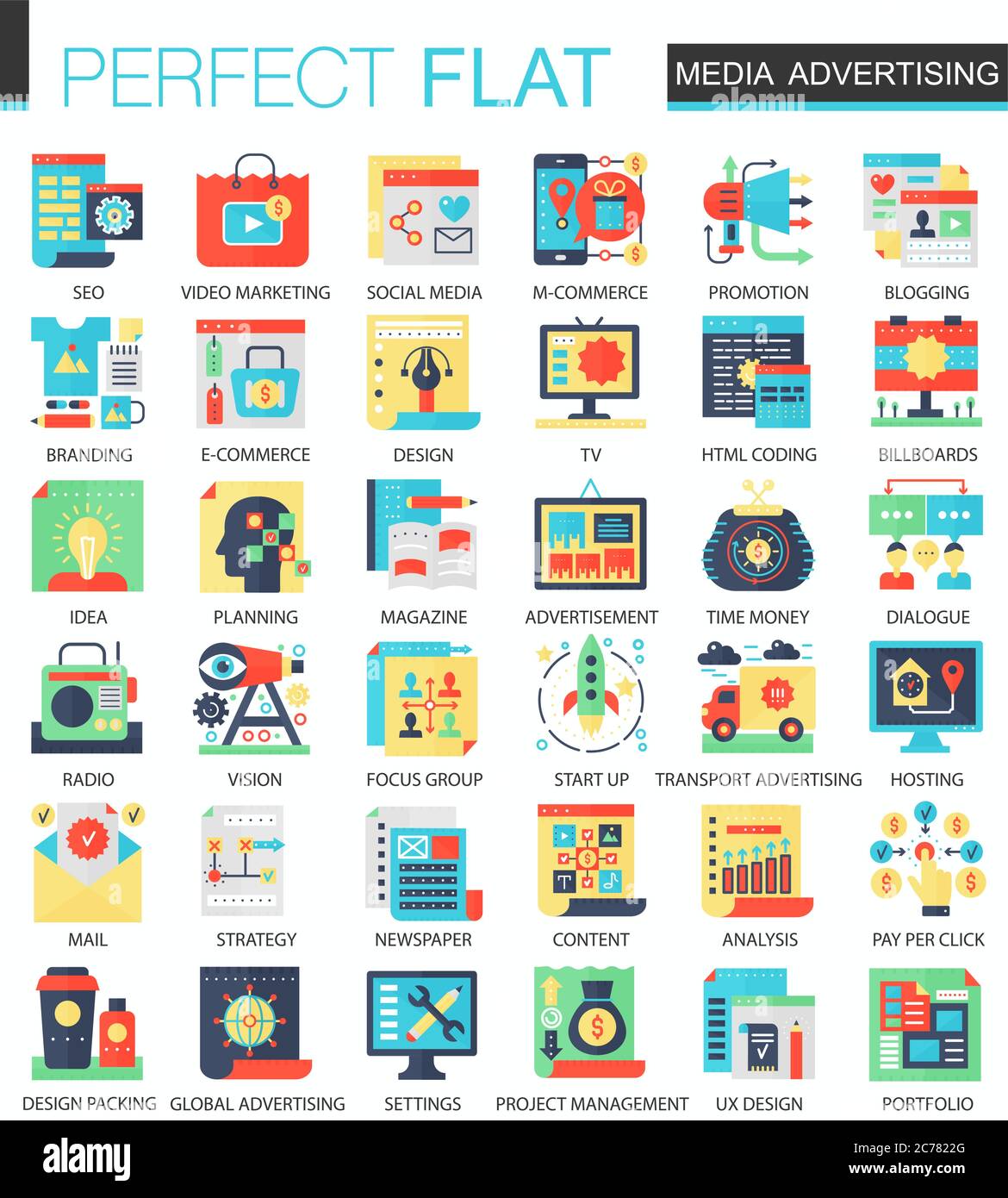 Media advertising vettore complesso icone piatte simboli concettuali per web infografica design Illustrazione Vettoriale