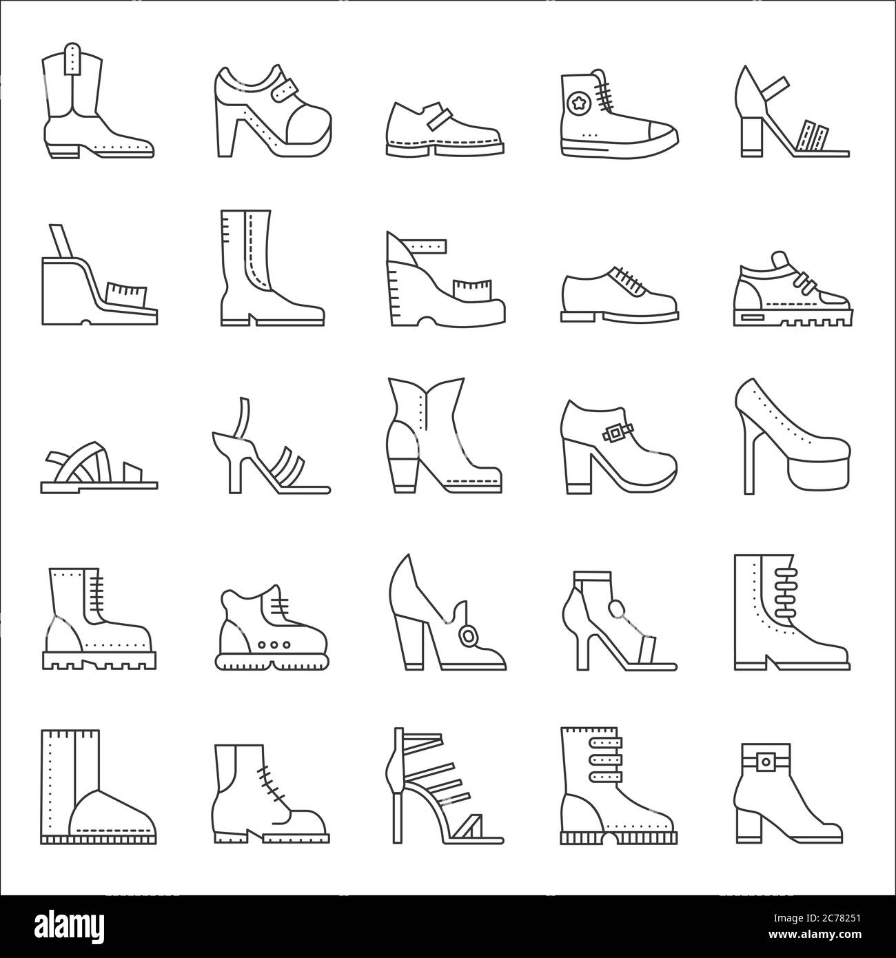 Scarpe calzature linee di contorno linee di corsa icone set Illustrazione Vettoriale