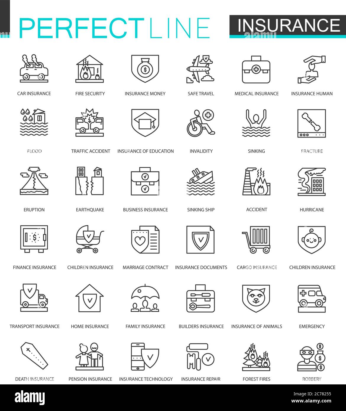 Set di icone web sottile di assicurazione. Auto, casa, salute, assicurazione sulla vita contorno colpo icone design Illustrazione Vettoriale