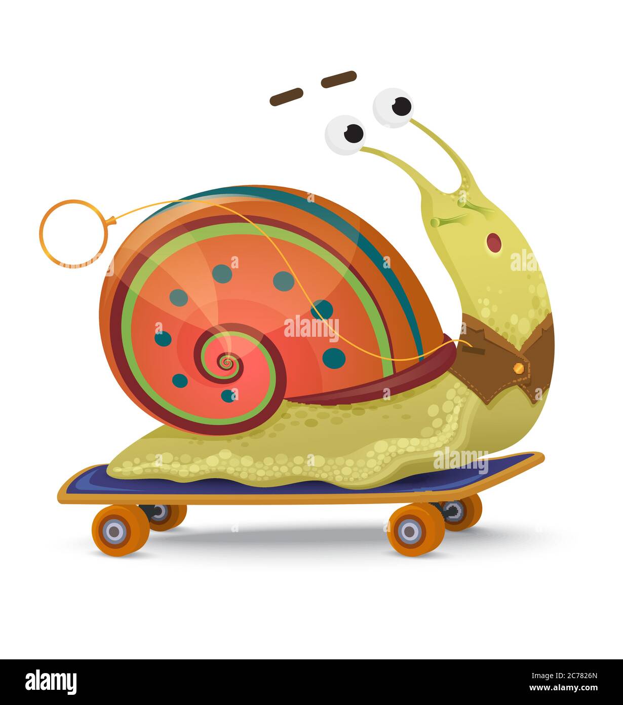 Lumaca veloce. Carino lumaca verde cartoon su uno skateboard Illustrazione Vettoriale