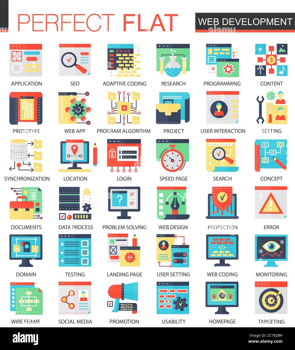 Vettore di sviluppo Web simboli complessi di concetto di icone piatte per il web infografica design Illustrazione Vettoriale