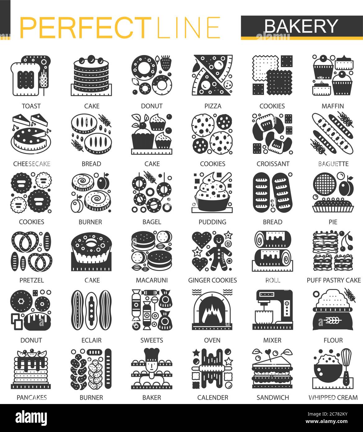 Vector Bakery e pasticceria classica mini icone di concetto nero e simboli infografici Illustrazione Vettoriale