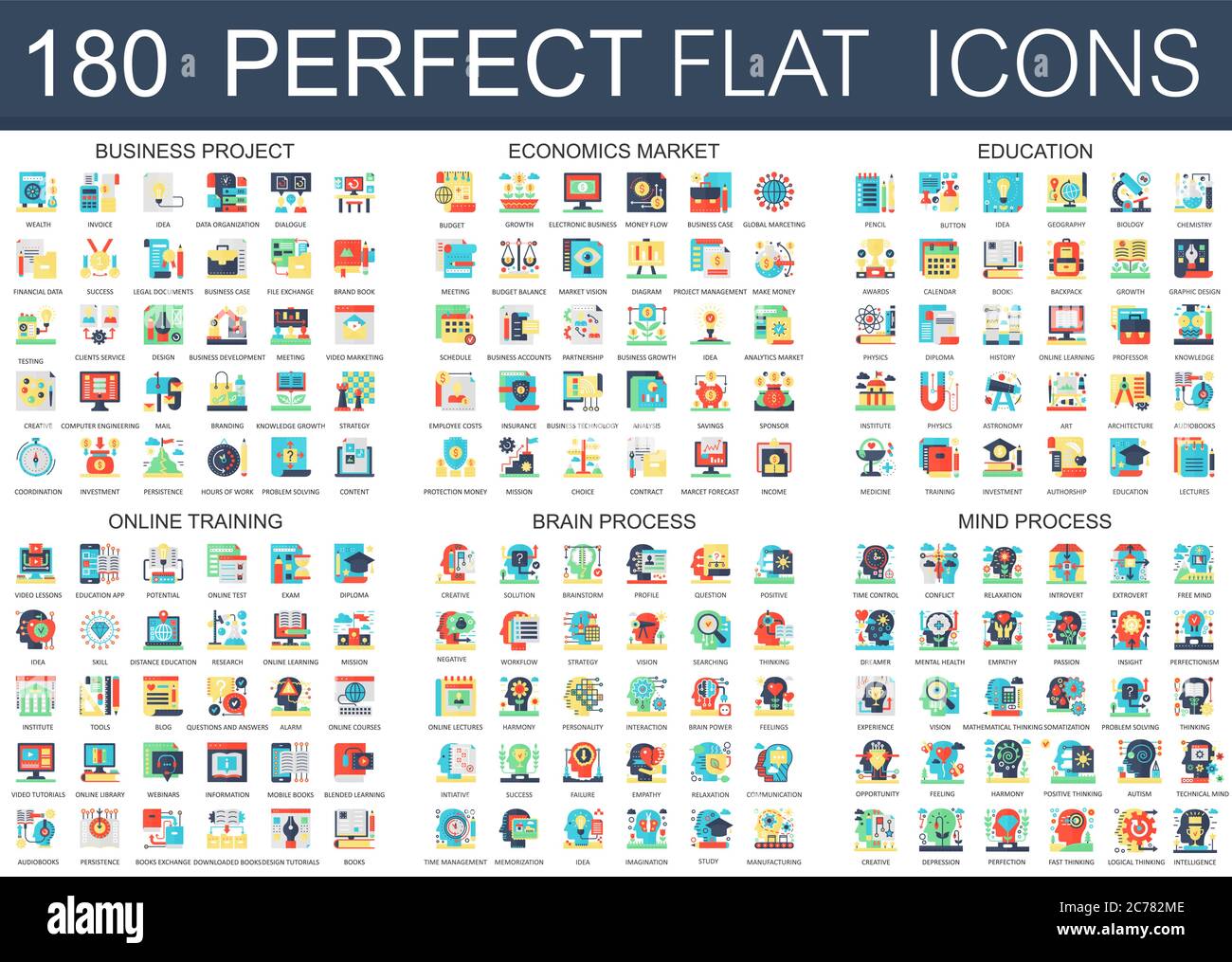180 simboli vettoriali complessi di icone piatte simboli di concetto di progetto di business, mercato economico, istruzione, formazione online, processo cerebrale, processo mentale. Web infografica icona design Illustrazione Vettoriale