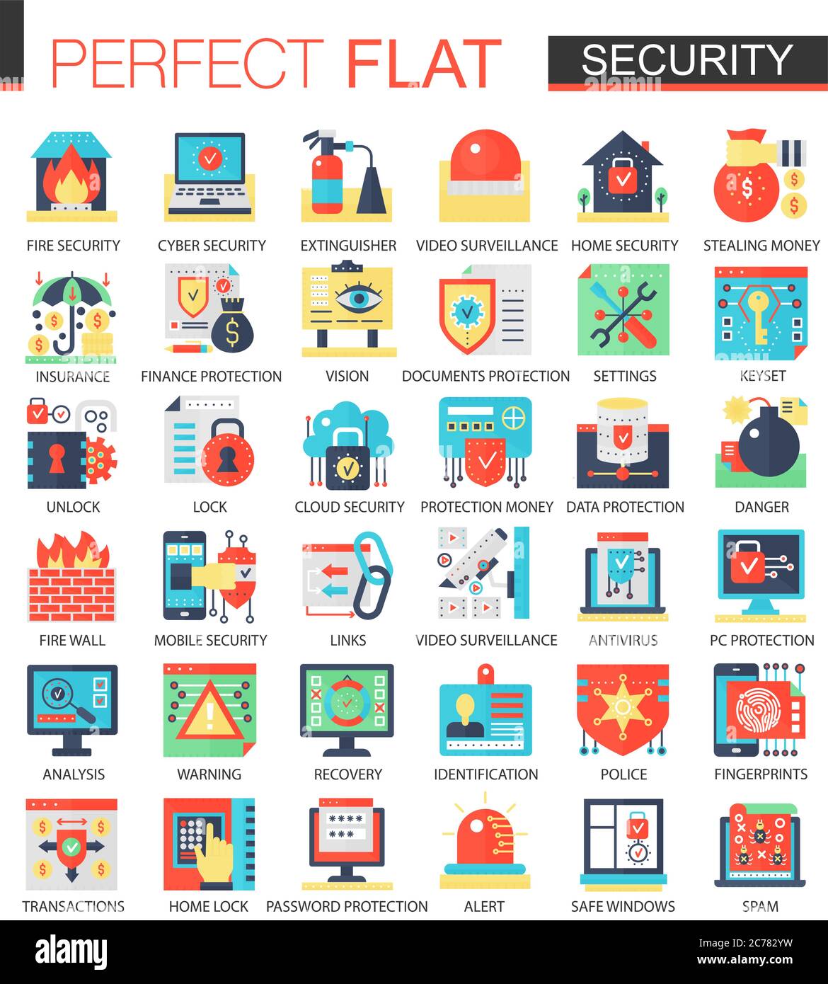 Tecnologia di sicurezza e cyber sicurezza vettoriale simboli complessi di concetto di icone piatte per il web infografica design Illustrazione Vettoriale