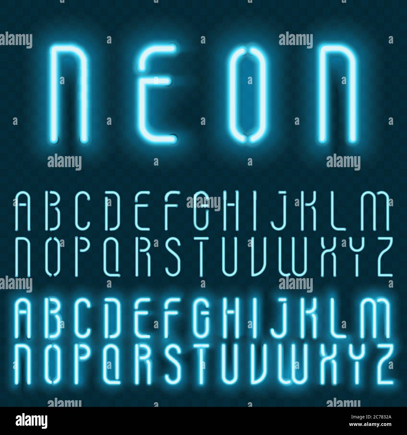 Alfabeto neon vettoriale realistico. Caratteri luminosi e luminosi sullo sfondo transperant Illustrazione Vettoriale