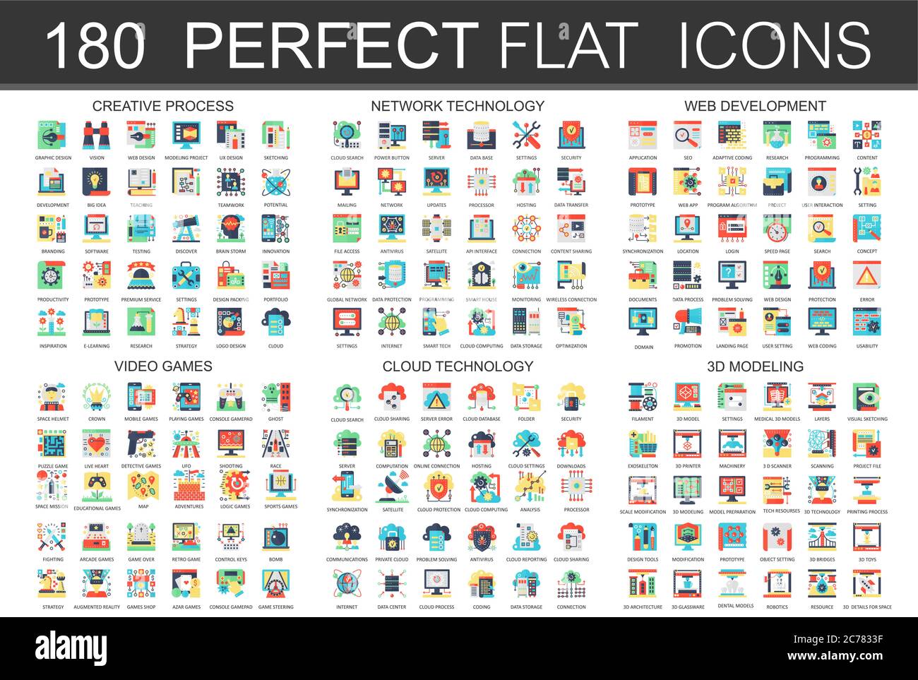 180 icone vettoriali complesse simboli di concetto di processo creativo, tecnologia di rete, sviluppo web, videogiochi, tecnologia cloud, modellazione 3d. Web infografica icona design Illustrazione Vettoriale
