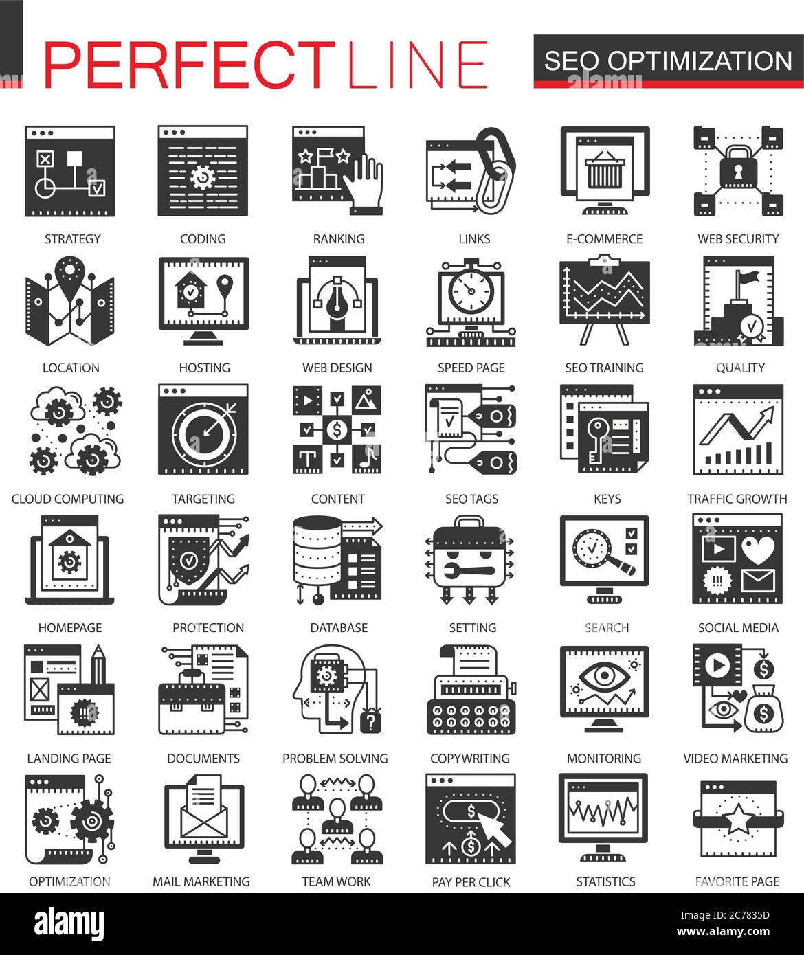 Ottimizzazione SEO mini icone concettuali nere e simboli infografici Illustrazione Vettoriale