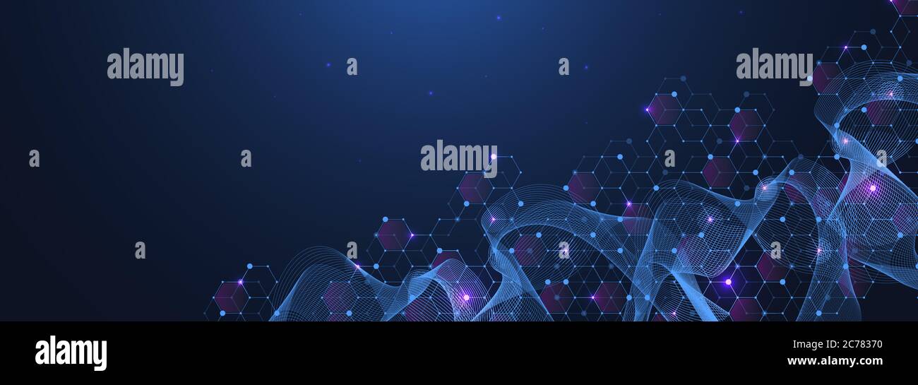 Tecnologia linee astratte e punti collegano lo sfondo con gli esagoni. Griglia esagonale. Collegamento di esagoni con dati digitali e concetto di big data. Digitale esadecimale Illustrazione Vettoriale