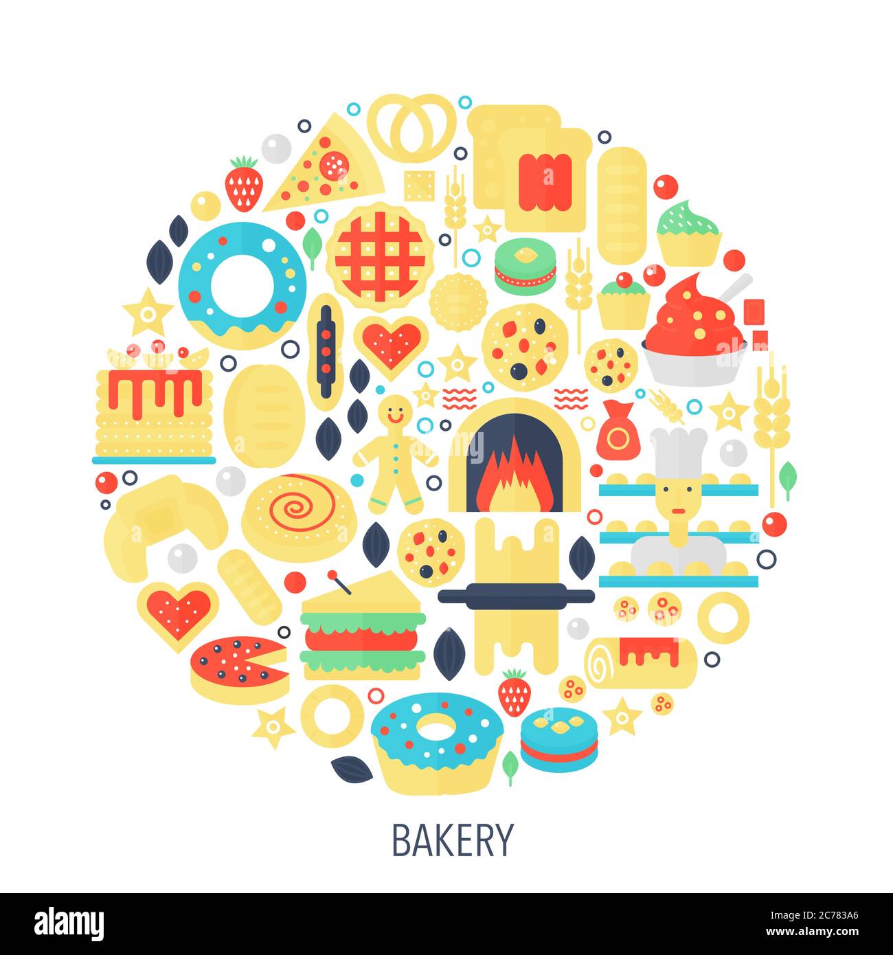 Pasticceria da forno piatto infografica icone in cerchio - colore concetto illustrazione per panetteria copertura, emblema, modello Illustrazione Vettoriale