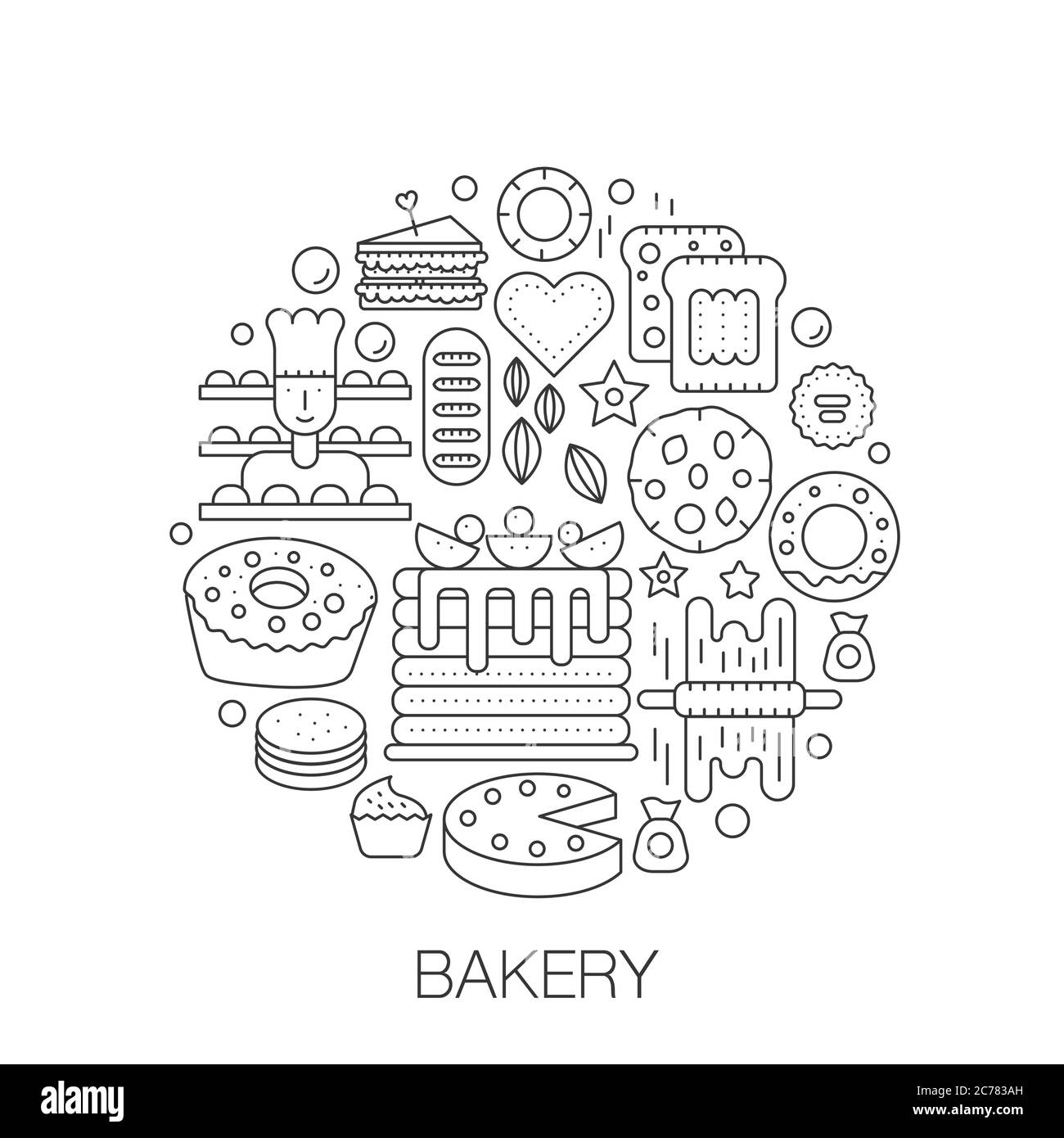 Pasticceria da forno in cerchio - illustrazione della linea di concetto per copertina, emblema, badge. Gustosi dolci alimentari sottile linea Stroke icone. Illustrazione Vettoriale