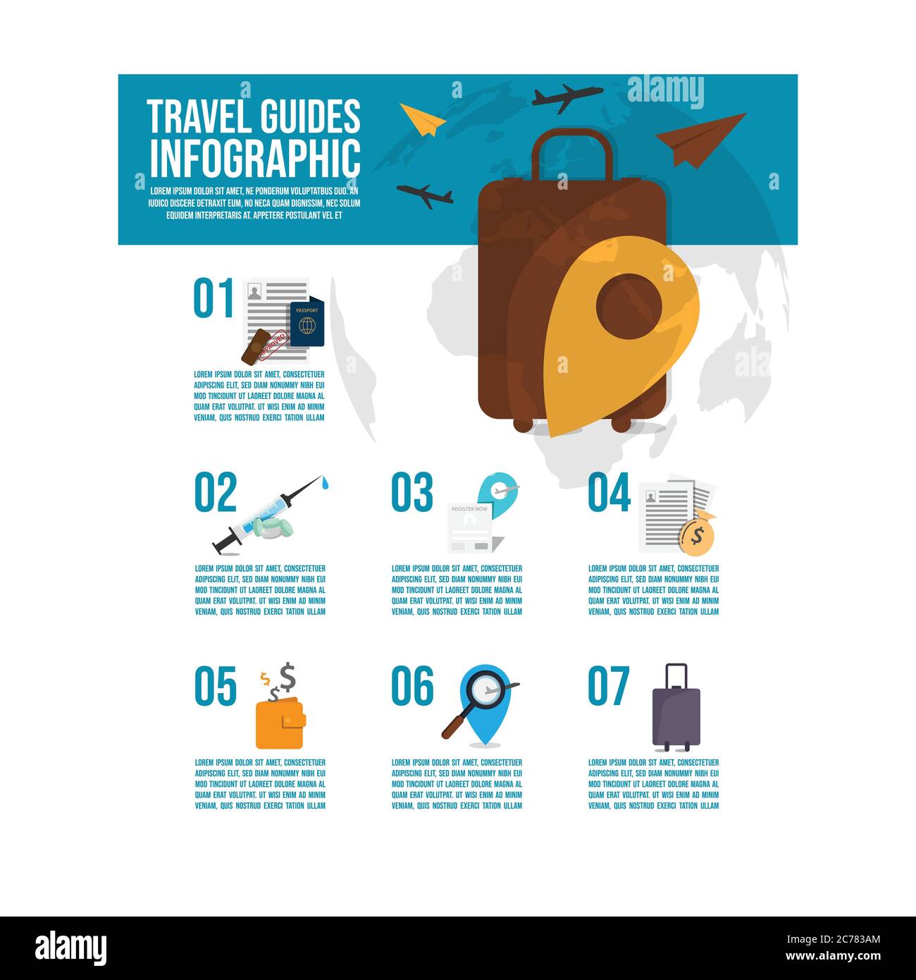 Guide di viaggio infografiche con passaggi e modello vettore di elementi icona Illustrazione Vettoriale