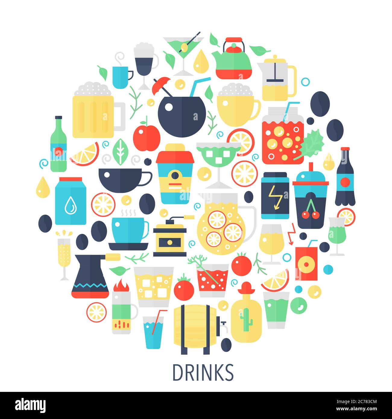 Bevande alcol, caffè, tee infografiche icone in cerchio - illustrazione del concetto di colore per copertina, emblema, modello Illustrazione Vettoriale