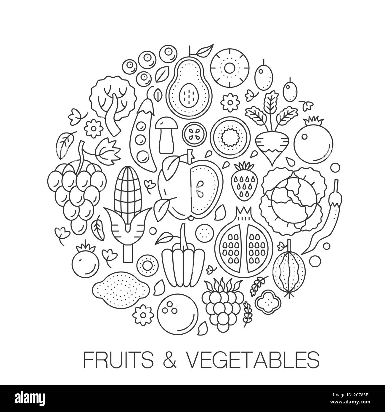 Frutta verdura in cerchio - illustrazione della linea di concetto per copertina, emblema, badge. Frutta verdura sottile linea Stroke icone. Illustrazione Vettoriale