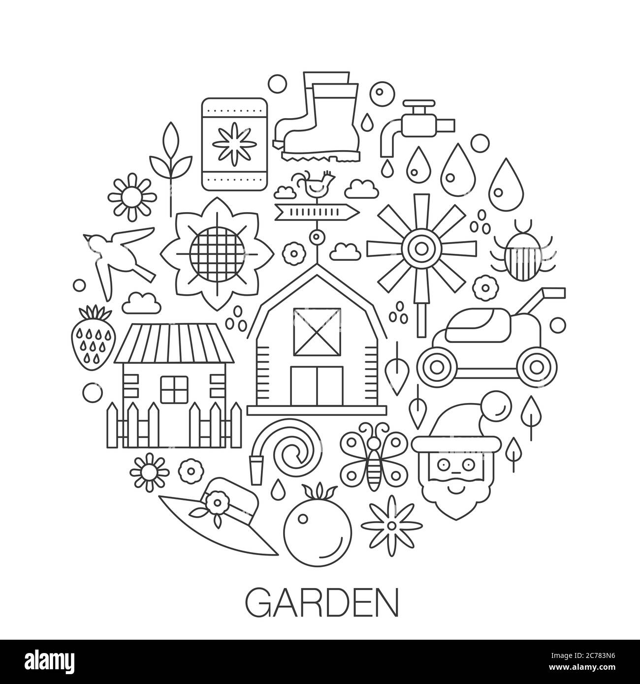 Giardino in cerchio - illustrazione della linea di concetto per copertina, emblema, badge. Icone di tratto sottile degli strumenti da giardino Illustrazione Vettoriale