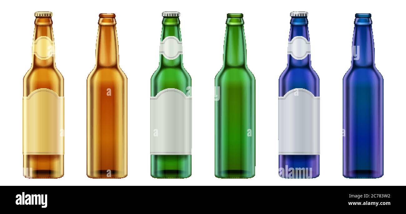 Vector realistico bianco verde, giallo e blu bottiglia di birra design Illustrazione Vettoriale