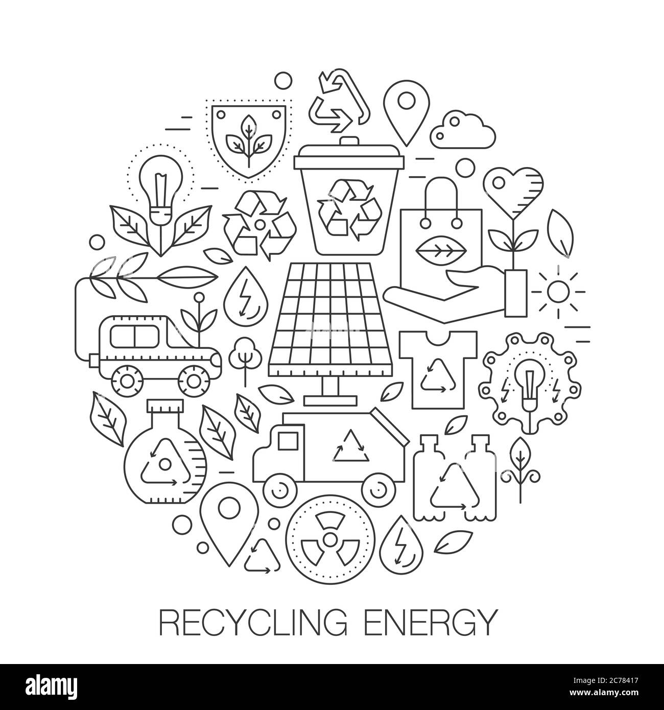 Riciclaggio dell'energia in cerchio - illustrazione della linea di concetto per copertina, emblema, badge. Riciclaggio di energia verde sottile linee stroke icone. Illustrazione Vettoriale