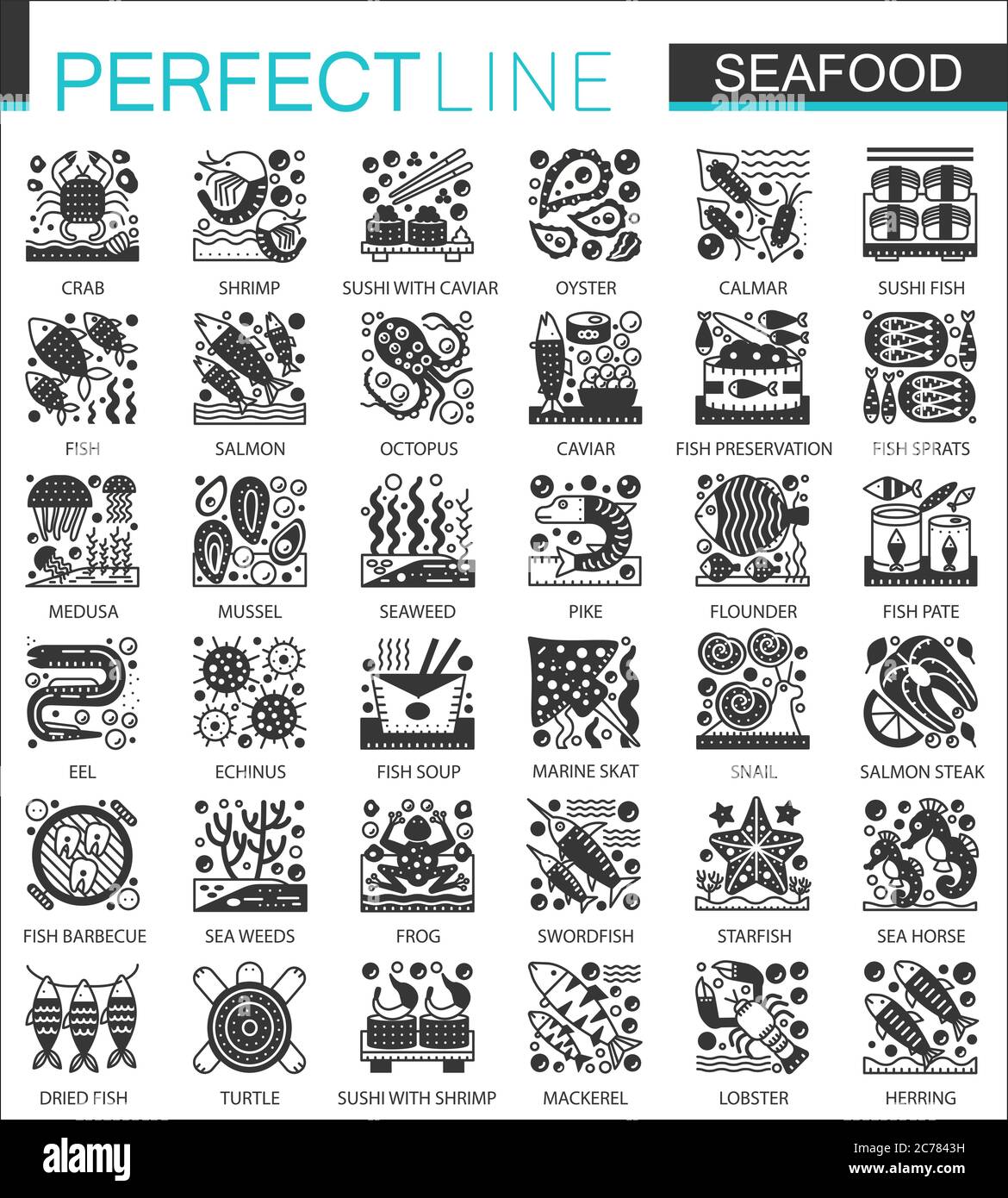 Set di icone e simboli infografici Vector Seafood Classic nero mini Illustrazione Vettoriale
