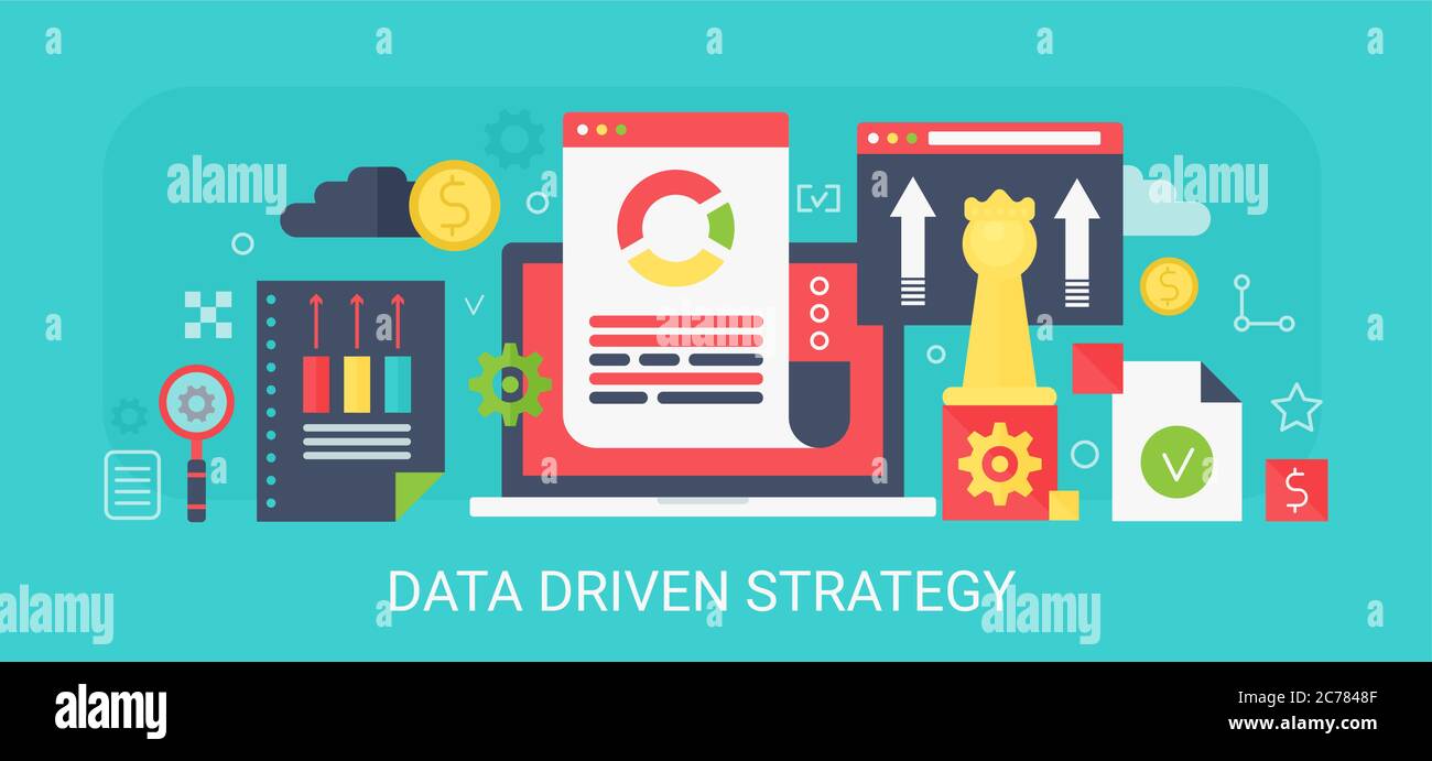 Banner Flat Modern Vector Concept Data Driven Strategy con icone e testo Illustrazione Vettoriale Banner Flat Modern Vector Concept Data Driven Strategy con icone e testo Illustrazione Vettoriale