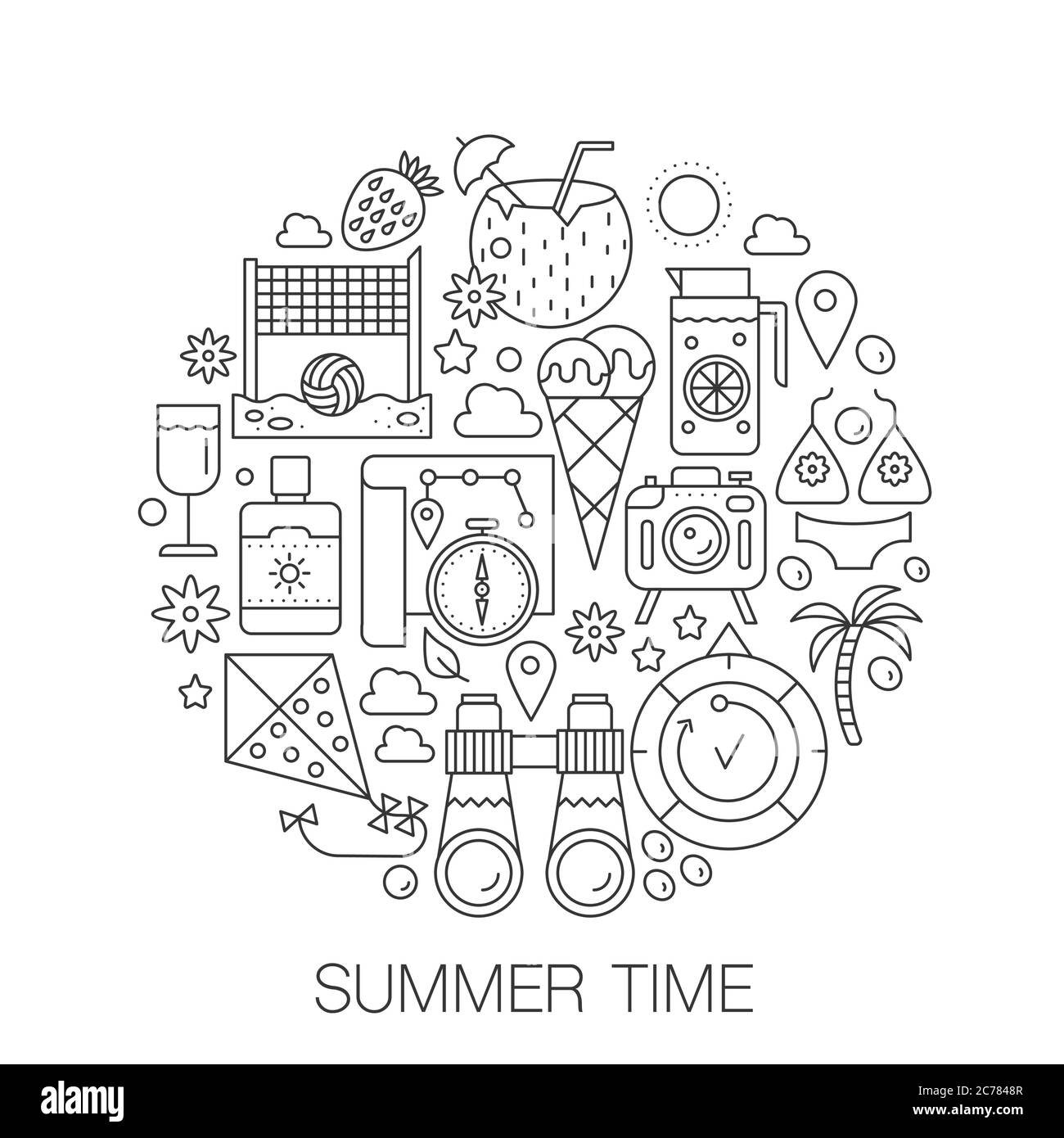 Ora legale in cerchio - illustrazione della linea di concetto per copertina, emblema, badge. Estate vacanza viaggio sottile linea icone tratto. Illustrazione Vettoriale