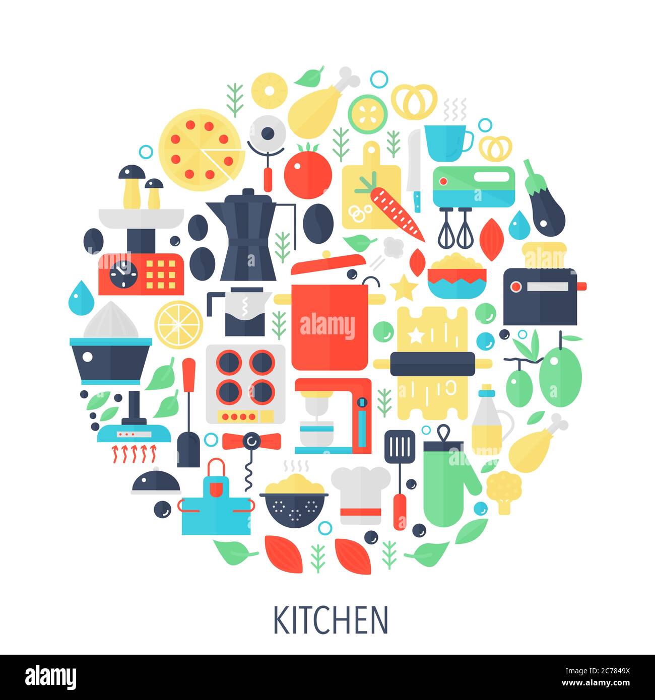 Icone infografiche piatte in cerchio - illustrazione del concetto di colore per la copertura della cucina, emblema, modello Illustrazione Vettoriale