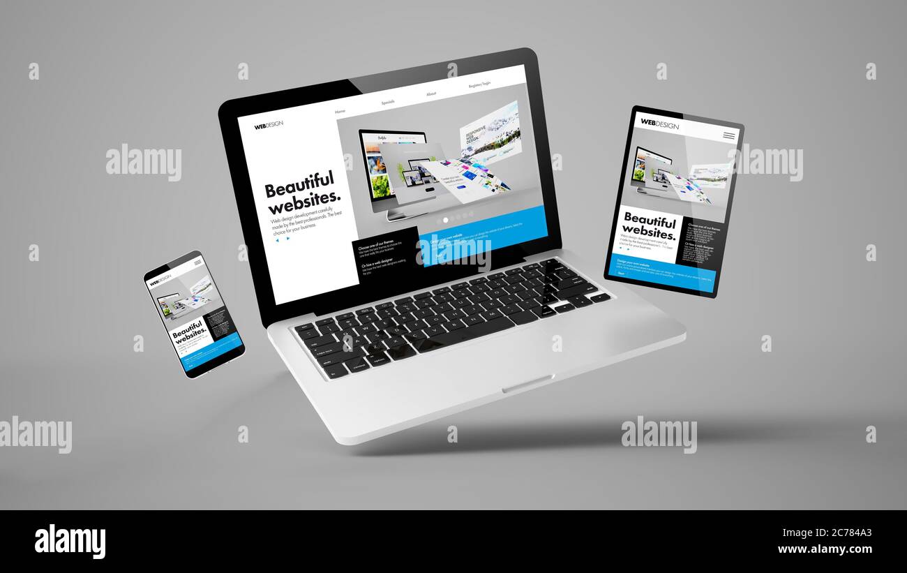 rendering 3d di notebook, dispositivi mobili e tablet che mostra un design web reattivo per i siti web dei costruttori Foto Stock