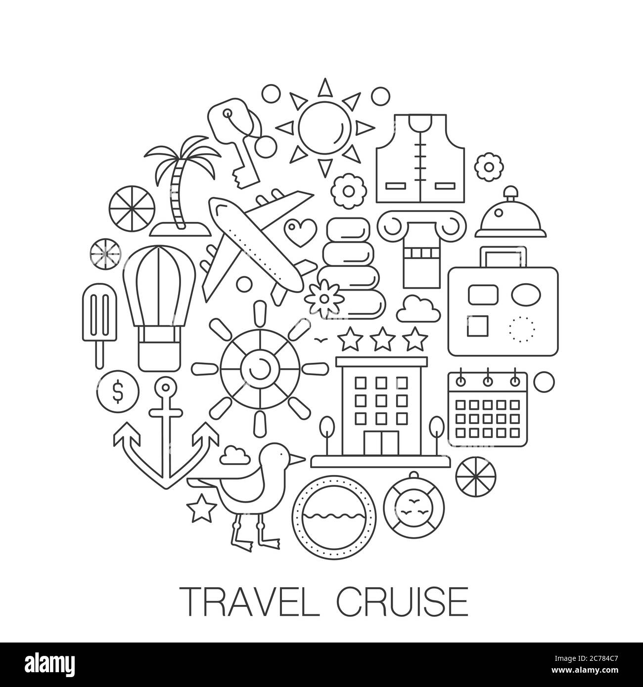 Crociera di traslazione circolare - illustrazione della linea di concetto per copertura, emblema, badge. Icone di corsa sottile di corsa di vacanza di crociera di corsa. Illustrazione Vettoriale