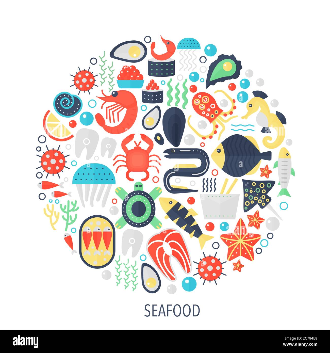 Pesce cibo piatto infografiche icone in cerchio - illustrazione del concetto di colore per la copertina di pesce, emblema, modello Illustrazione Vettoriale