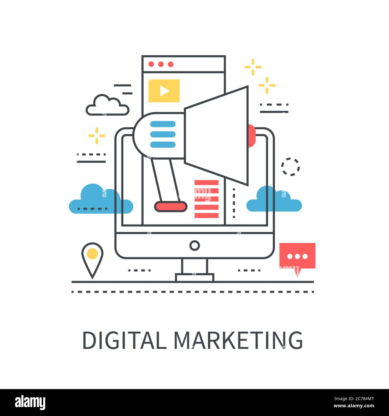 Concetto di marketing digitale isolato su sfondo bianco. Illustrazione Vettoriale