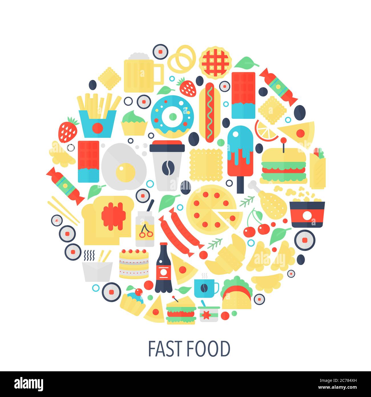 Icone infografiche piatte per fast food in cerchio - illustrazione del concetto di colore per copertina, emblema, modello Illustrazione Vettoriale