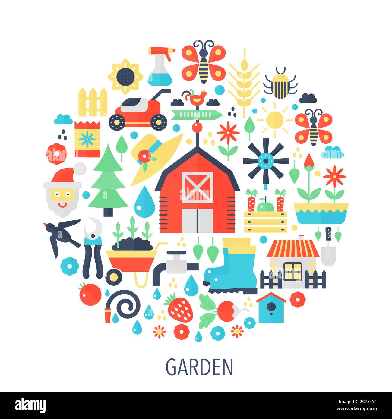 Icone infografiche piatte da giardino in cerchio - illustrazione del concetto di colore per la copertura da giardino, emblema, modello Illustrazione Vettoriale