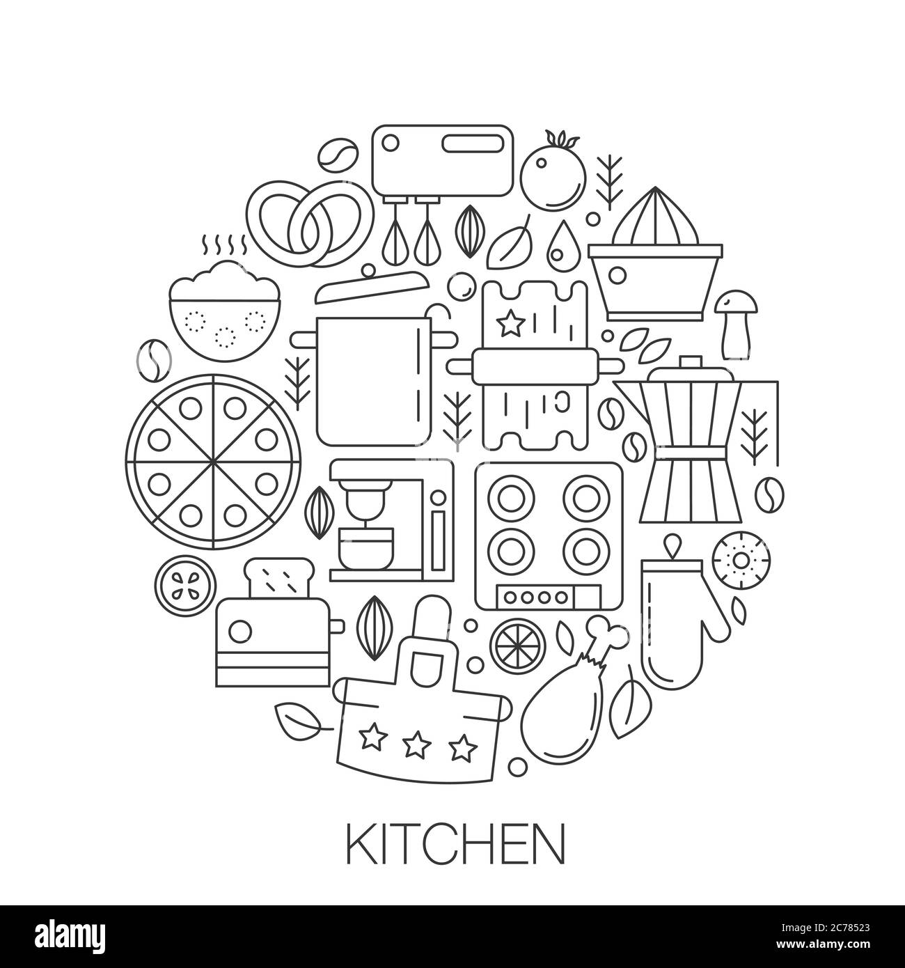 Cucina in cerchio - illustrazione della linea di concetto per copertina, emblema, badge. Icone di traccia sottile della cucina. Illustrazione Vettoriale