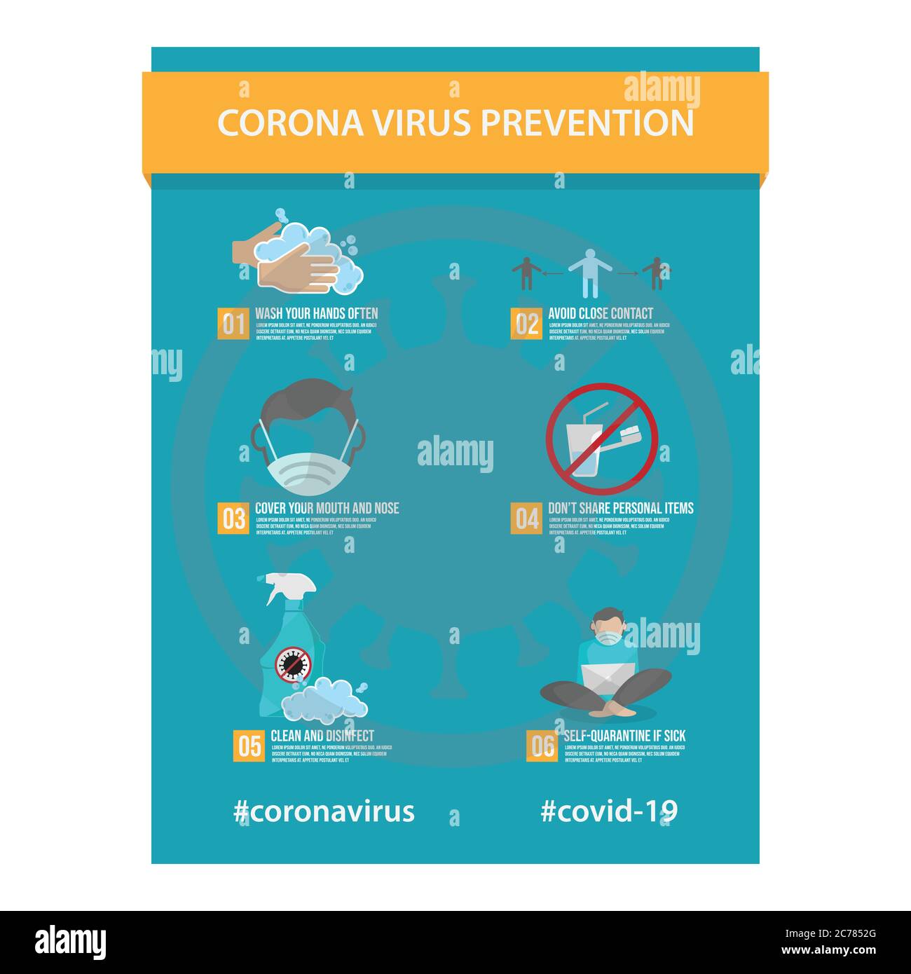 Progettazione vettorialica di modello di prevenzione del coronavirus. Immagine vettoriale della prevenzione del virus Corona 2019-ncov covid-19 Illustrazione Vettoriale
