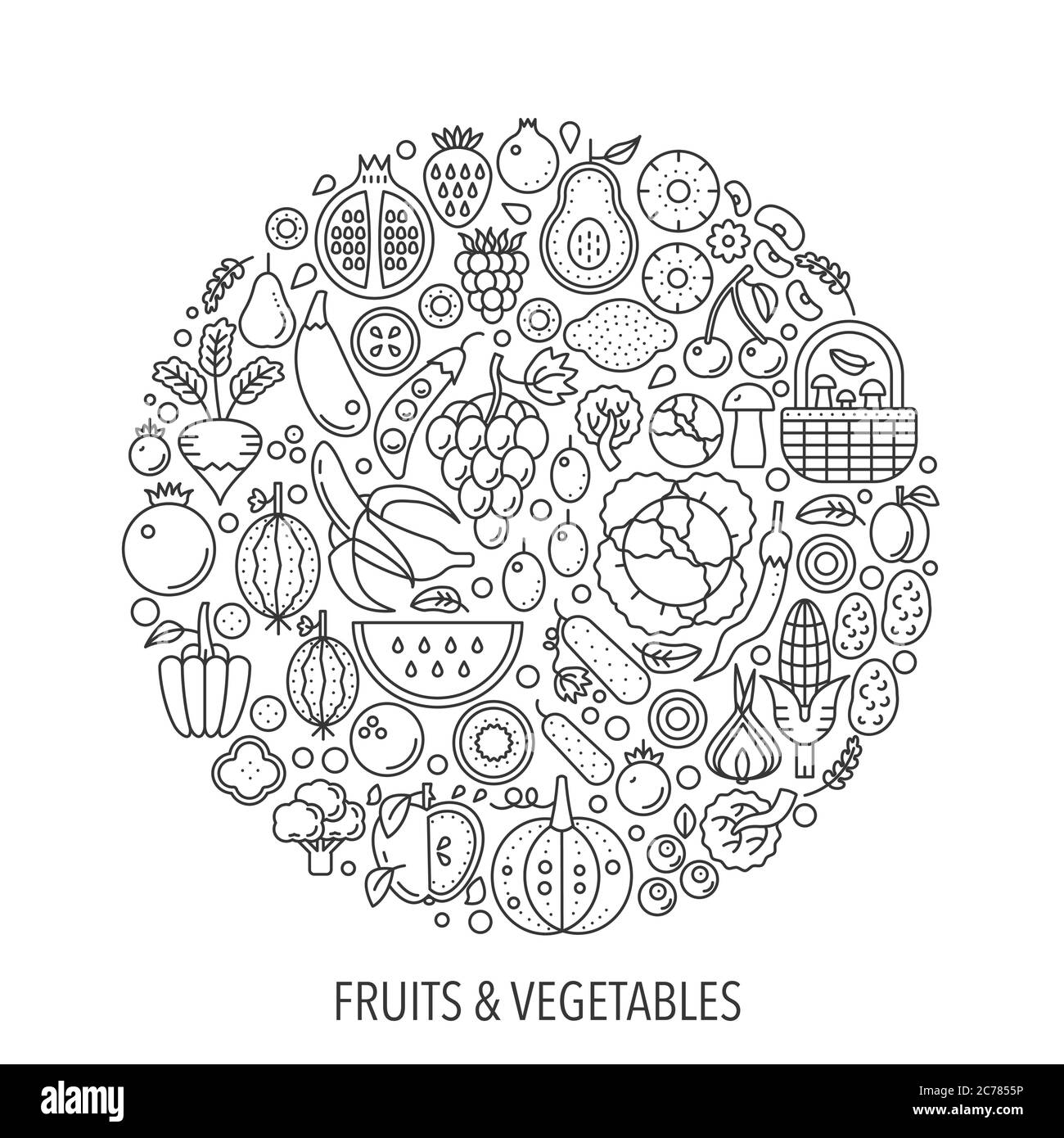 Frutta verdura in cerchio - illustrazione della linea di concetto per copertina, emblema, badge. Frutta verdura sottile linea Stroke icone. Illustrazione Vettoriale
