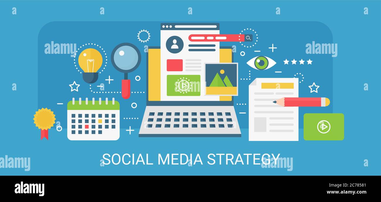 Flat Modern Vector Concept Social media Strategy banner con icone e testo Illustrazione Vettoriale