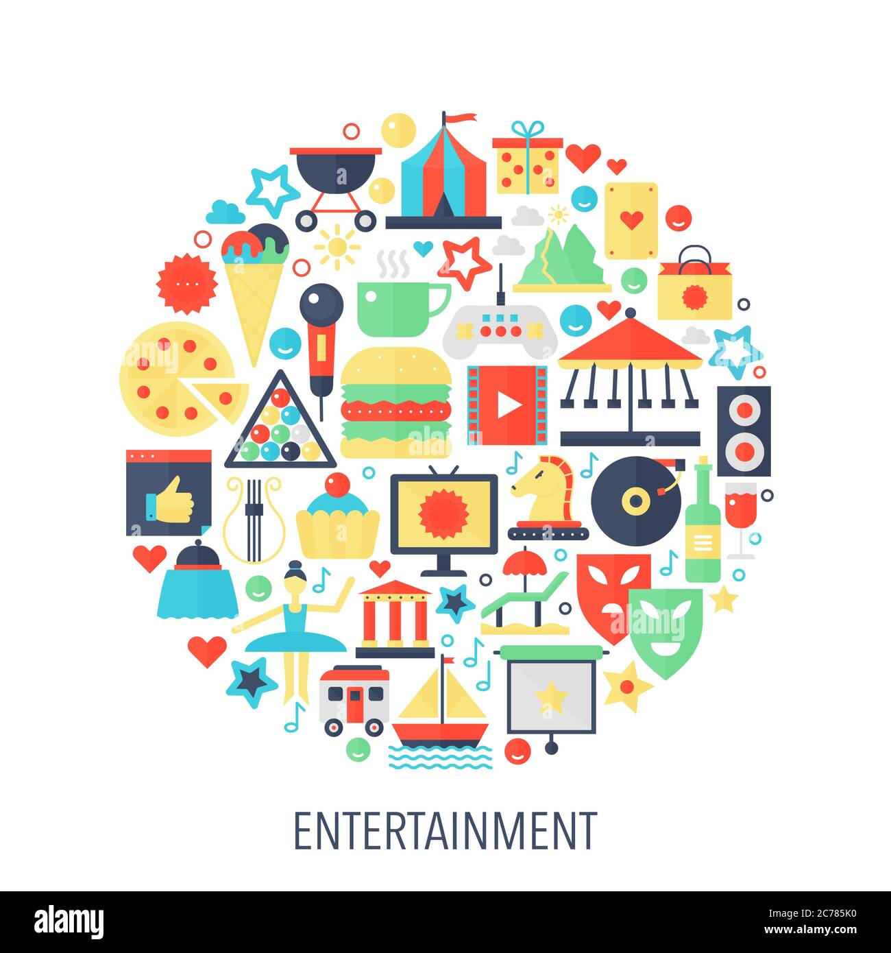 Icone di infografiche di intrattenimento in cerchio - illustrazione del concetto di colore per copertina, emblema, modello Illustrazione Vettoriale