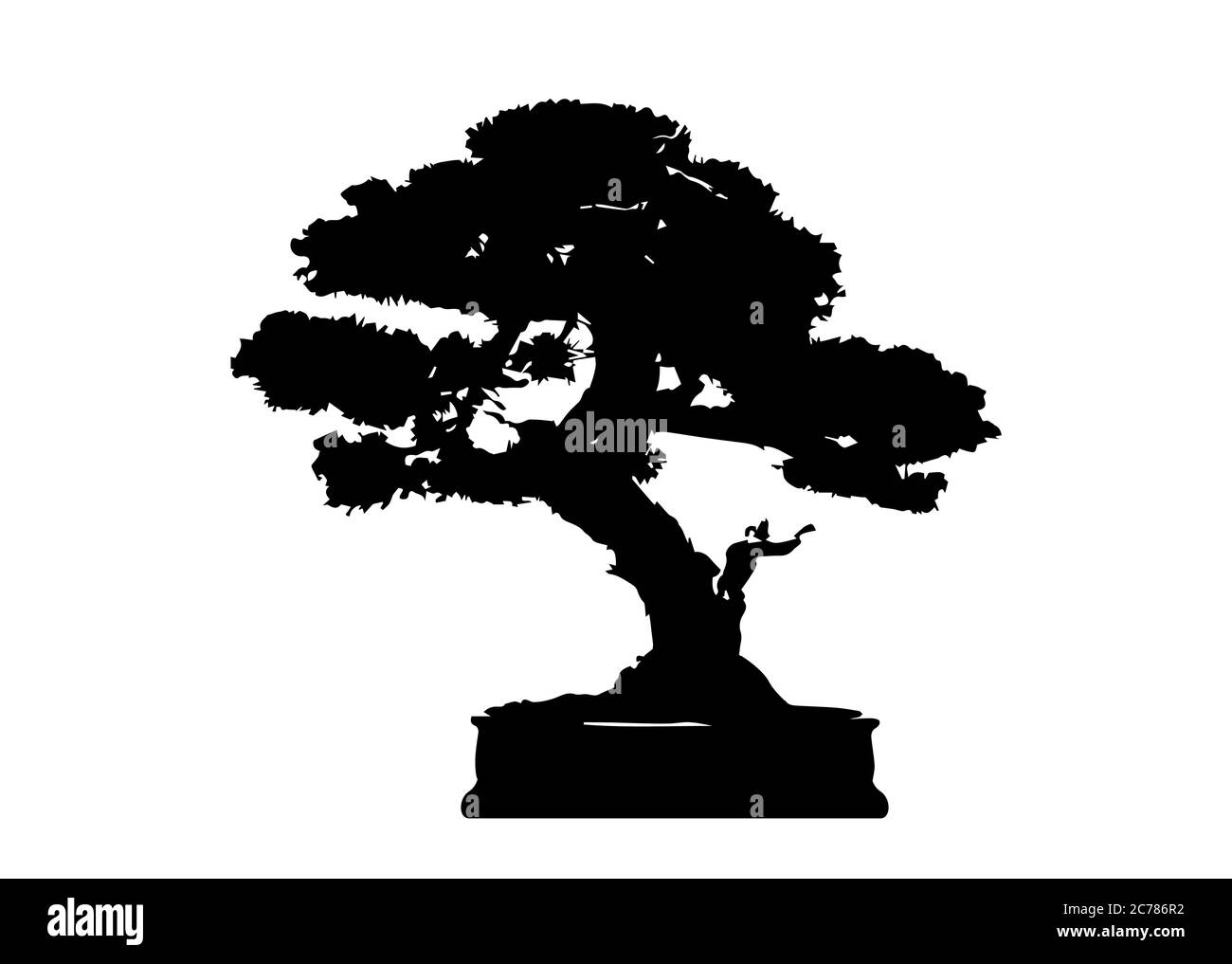 Bonsai giapponese albero , pianta silhouette icone su sfondo bianco, nero silhouette di bonsai. Immagine dettagliata. Vettore isolato Illustrazione Vettoriale