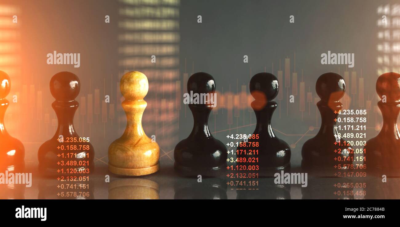 White Pawn in piedi con neri, sfondo grigio, collage con grafici Foto Stock