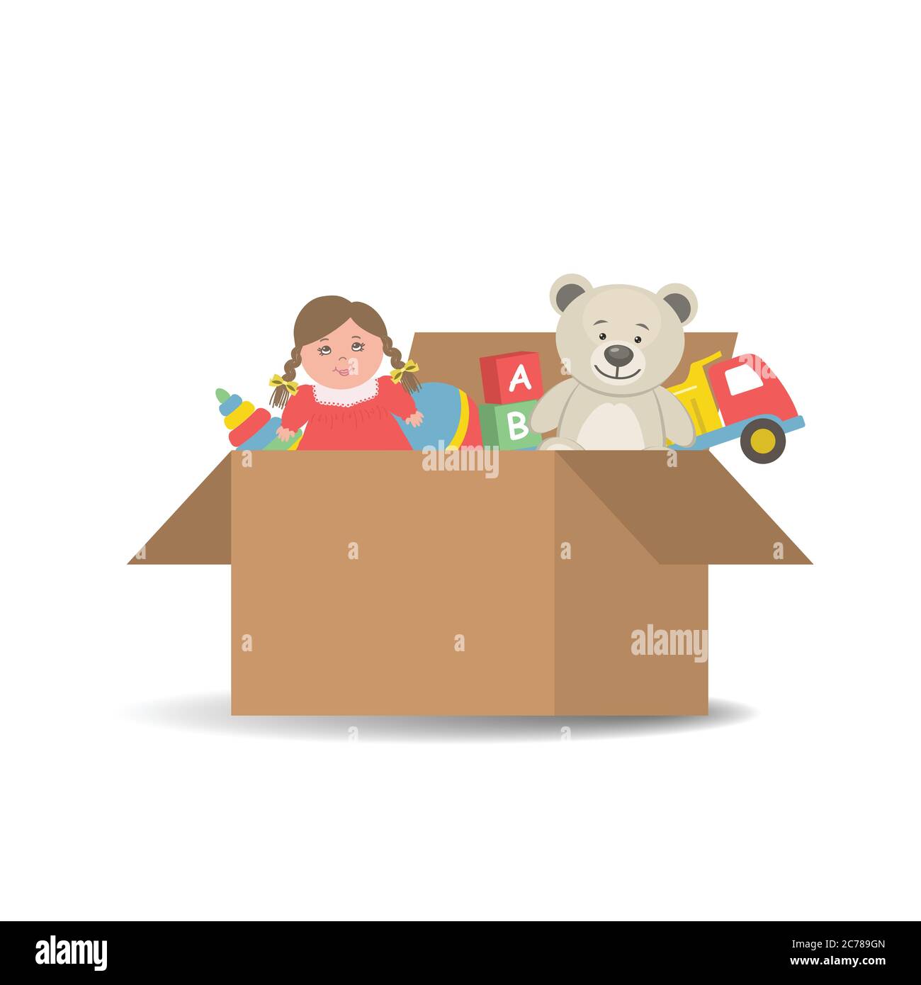 Giocattoli per bambini in una scatola di cartone. Nella foto c'è una bambola, un orsacchiotto, un camion, una palla, dei cubi e una piramide. Illustrazione vettoriale Illustrazione Vettoriale
