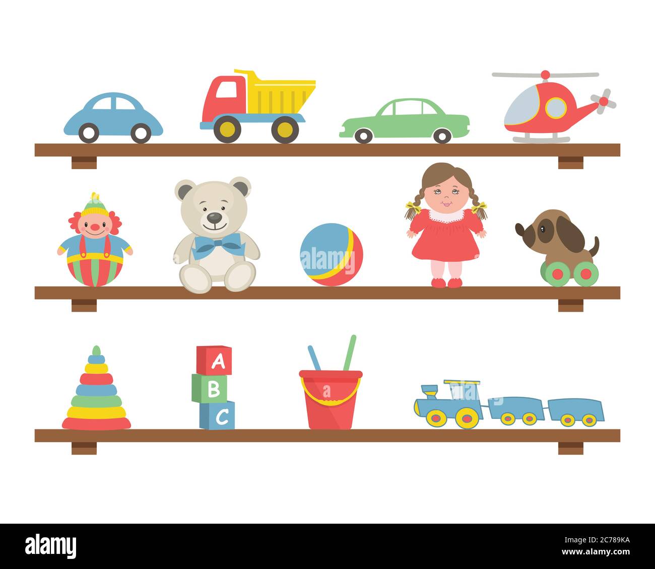 Giocattoli sugli scaffali. Ci sono automobili, un elicottero, orsacchiotti, una bambola, una palla, un treno, un cane, un clown, una piramide, cubi e altri oggetti qui Illustrazione Vettoriale