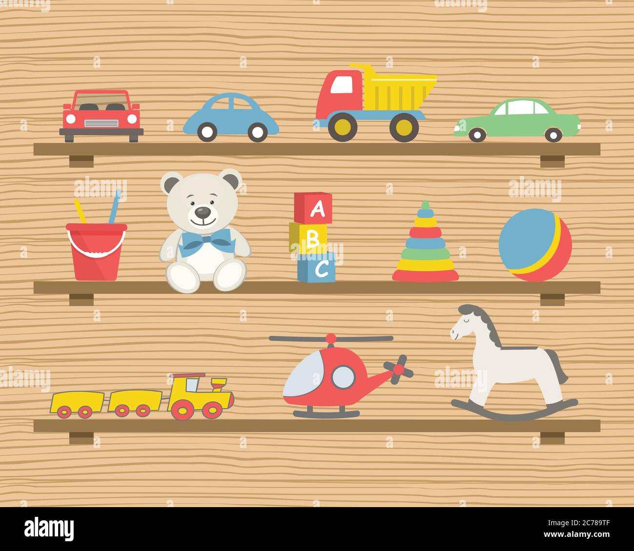 Scaffali con giocattoli. Ci sono automobili, un elicottero, orsacchiotti, un cavallo a dondolo, una palla, un treno e altri oggetti nella foto. Giocattoli per il bambino. Illustrazione Vettoriale