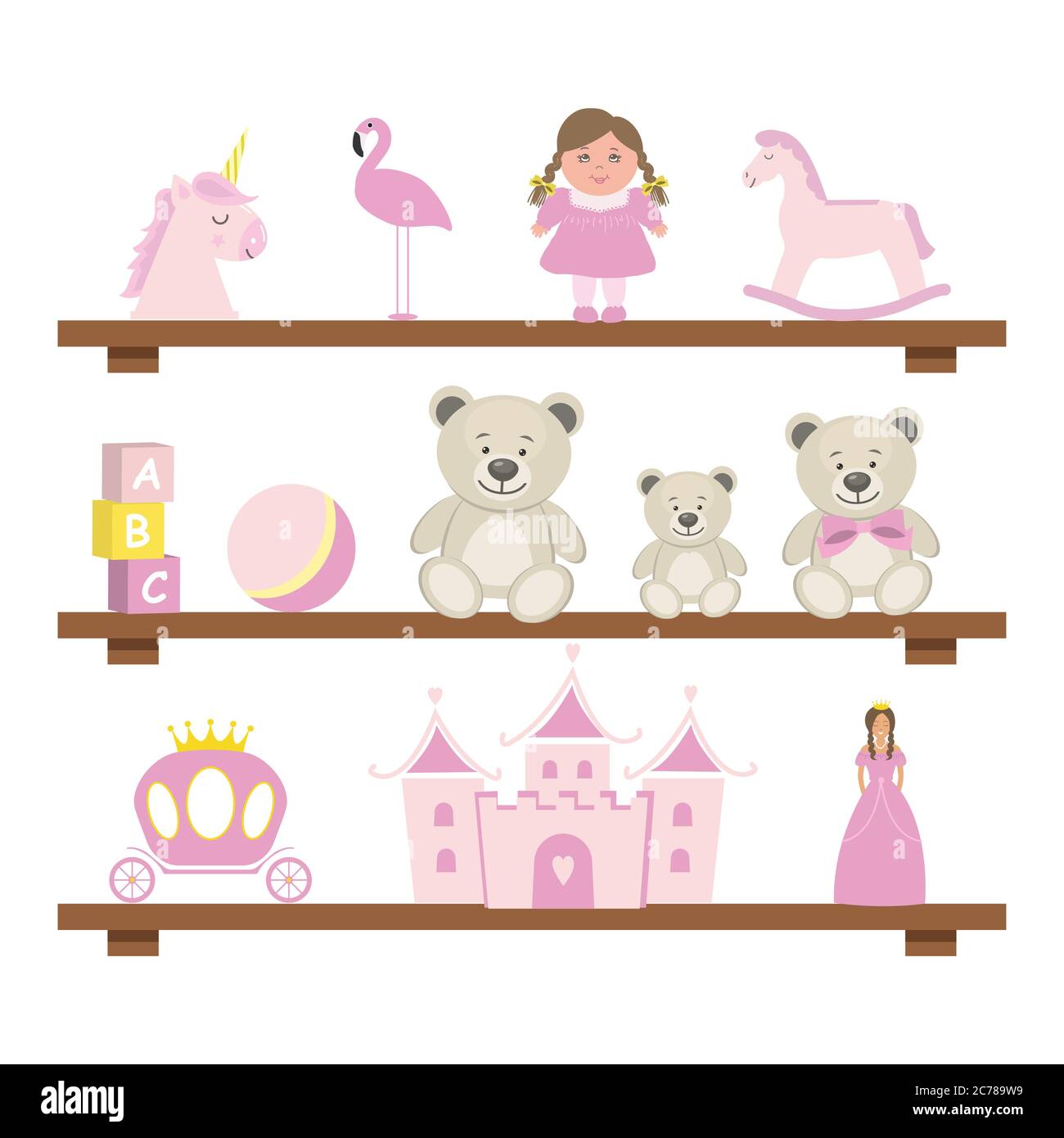 Scaffali con giocattoli. Giocattoli rosa per le bambine. C'è una bambola, un unicorno, un cavallo a dondolo, una palla, un castello, un carro, una principessa, orsacchiotti Illustrazione Vettoriale