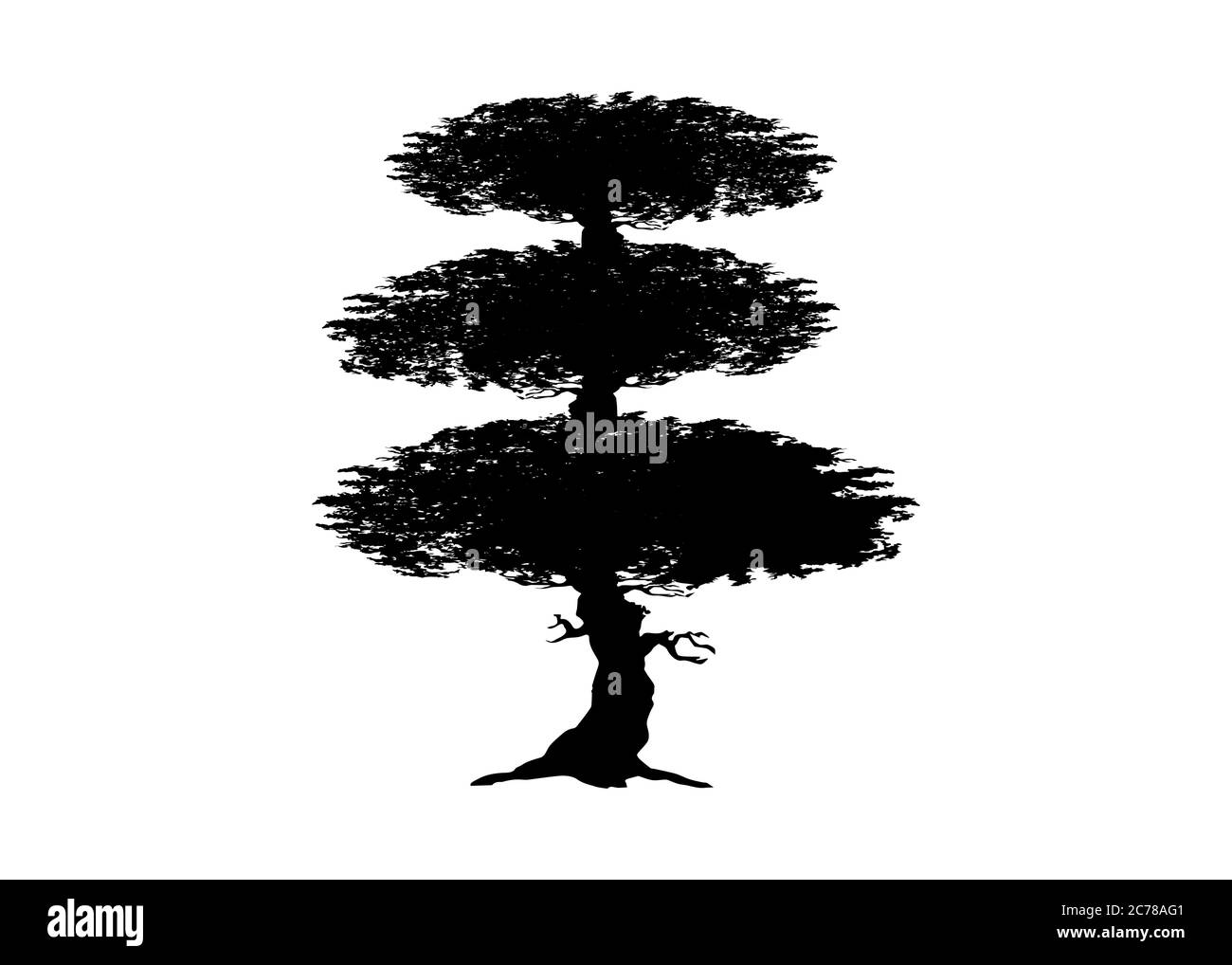 Icona vettoriale concetto albero giapponese, albero di potatura corona. Stile asiatico ornamentale nero silhouette albero isolato su sfondo bianco Illustrazione Vettoriale